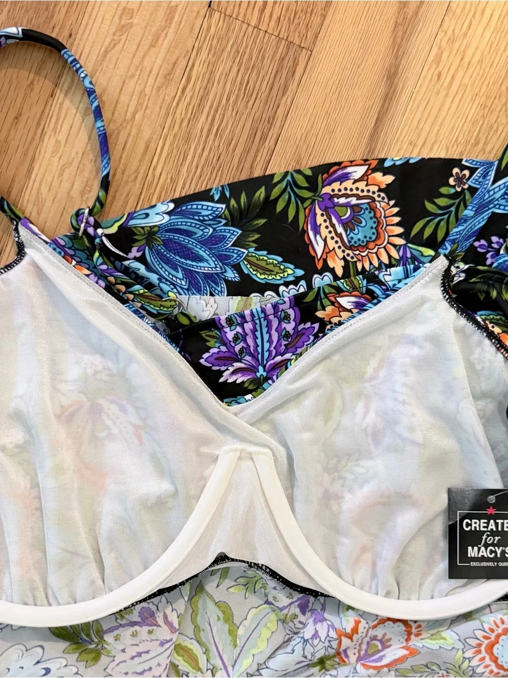 Swim Solutions Black Floral Bikini Top with Blue & Purple Print